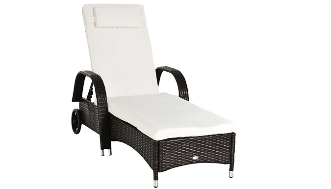 Reclining Brown Rattan Sun Lounger with Wheels - 1 or 2