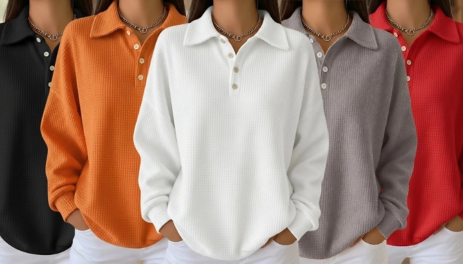 Women's Waffle Knit Long Sleeve Polo Shirt - 5 Colours