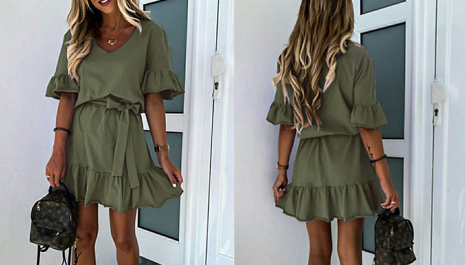 Ruffled Tie-Waist Short Sleeved V-Neck Dress - 4 Colours & 4 Sizes