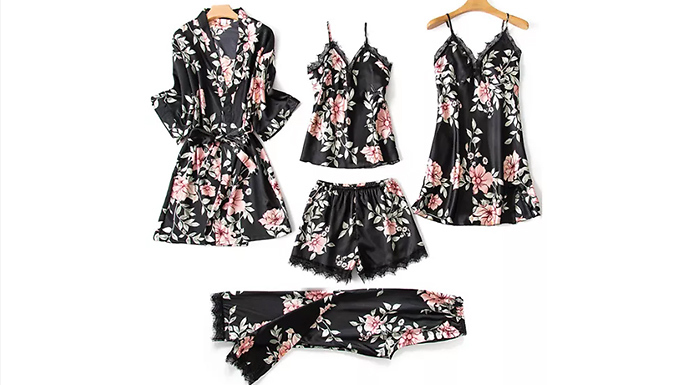 5-Piece Floral Satin-Look Pyjama Set - 3 Colours & 5 Sizes
