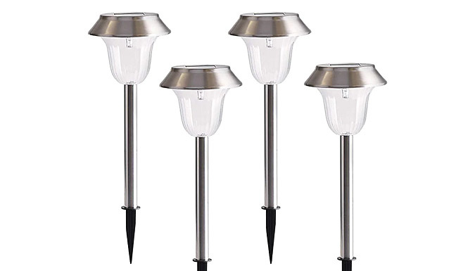 4 Stainless Steel LED Solar Pathway Garden Stake Lights - 3 Colours