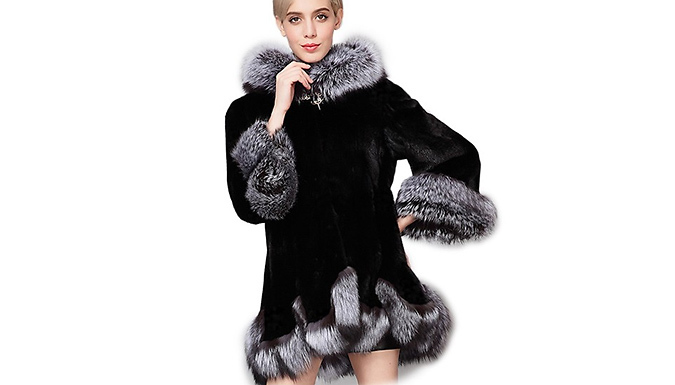 Women's Faux Fur Draped Coat with Trim - 2 Colours & 7 Sizes