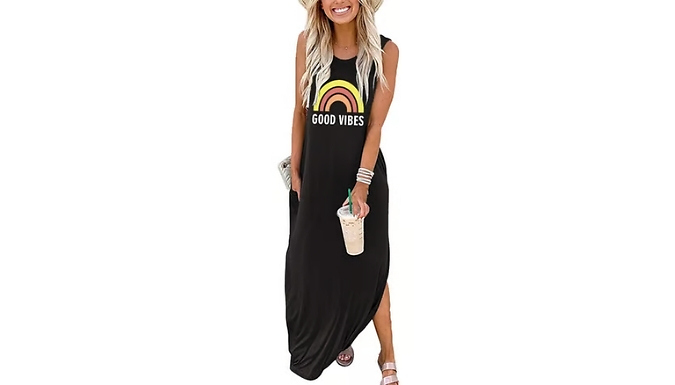 Good Vibes Graphic Sleeveless Maxi Dress - 4 Colours & 4 Sizes