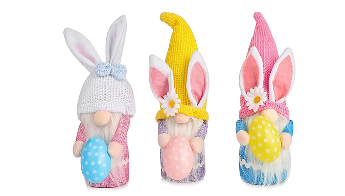 1 or 3-Pack of Easter Egg Bunny Ear Gnome Decorations - 3 Colours