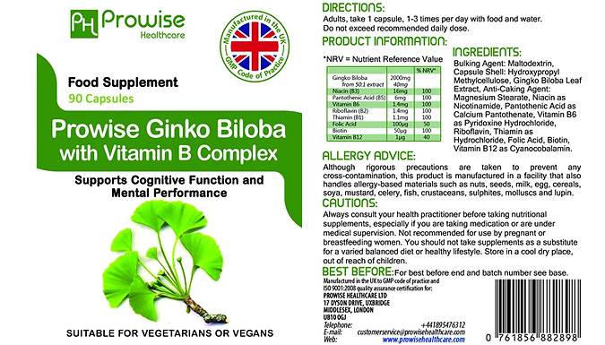 3-Month Supply of Ginko Biloba with Vitamin B Complex 2000mg - 90 Capsules