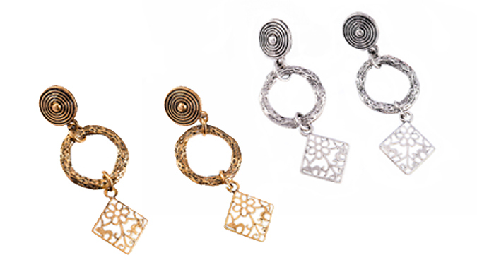 Hammered Metal Vintage Style Pendant Earrings - 2 Colours