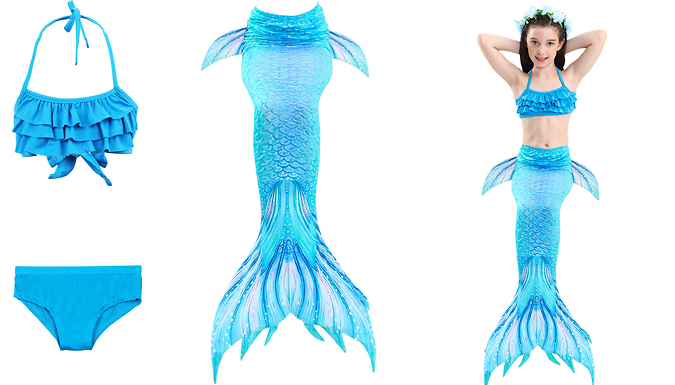 3-Piece Girls Mermaid Tail Swimsuit Set - 3 Colours & 5 Sizes