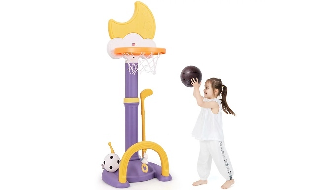 Adjustable 4-in-1 Sports Activity Centre - Basketball Hoop, Football, Golf & Ring Toss!