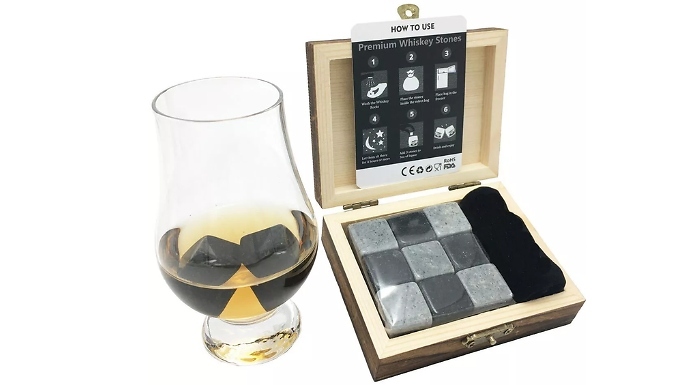 Whiskey Stones with Velvet Pouch and Wooden Box