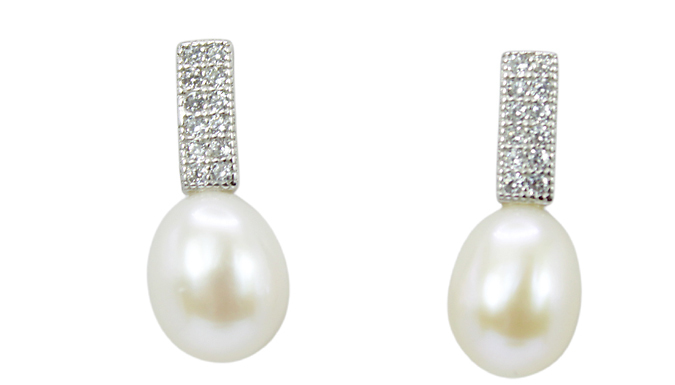 White Gold Created Diamond With Simulated Pearl Earrings