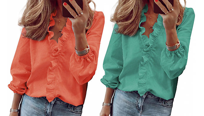 Long Sleeve V-Neck Ruffle Blouse - 4 Colours & 5 Sizes