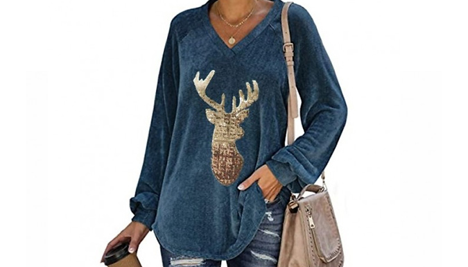 Women's V-Neck Reindeer Sequined Jumper - 5 Colours & 6 Sizes