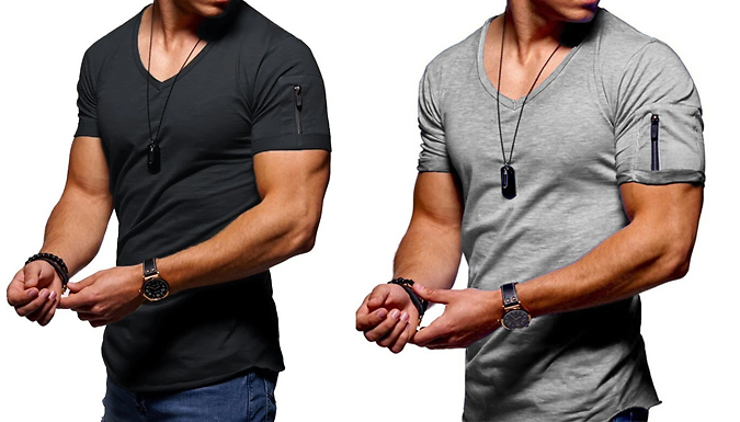 Men's V-Neck Zip Detail Casual T-Shirt - 5 Colours & 5 Sizes