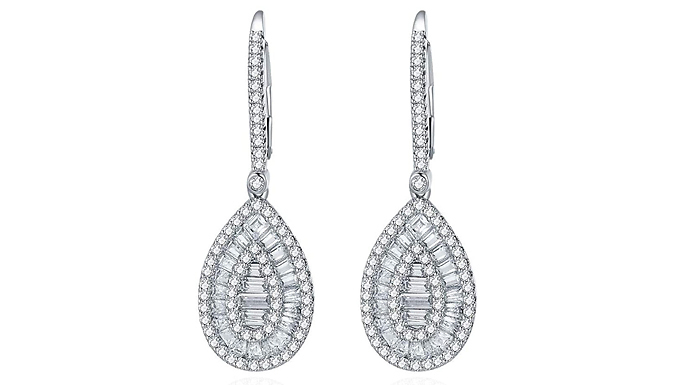 Sterling Silver Created Diamond Baguette Drop Earrings