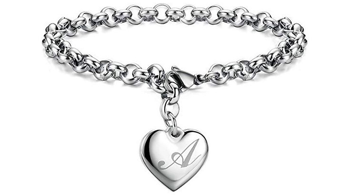 Heart Shape Initial Chain Charm Bracelet - Choose Any Letter