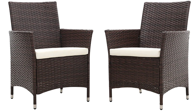 Pair of Garden Brown Rattan Dining Chairs with Cushions