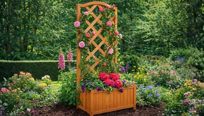 Garden Wooden Planter with Lattice Trellis