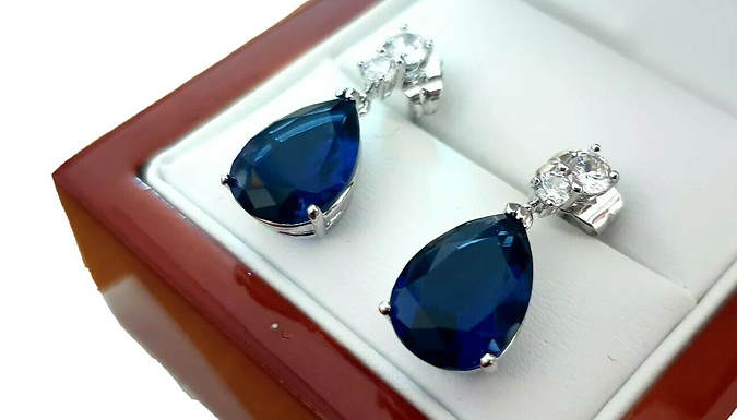 Teardrop Blue Sapphire Created Diamond Earrings