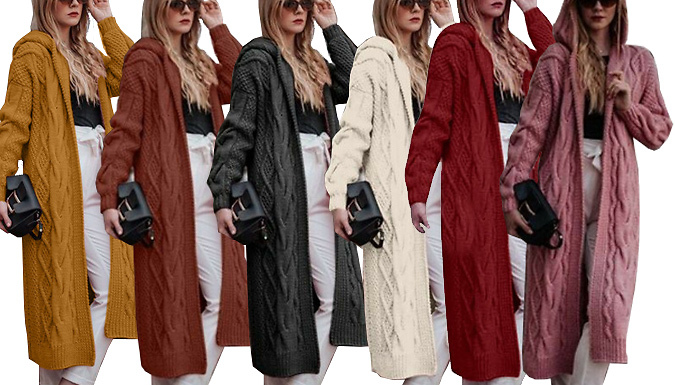 Women’s Hooded Long Knitted Cardigan - 6 Colours & 5 Sizes