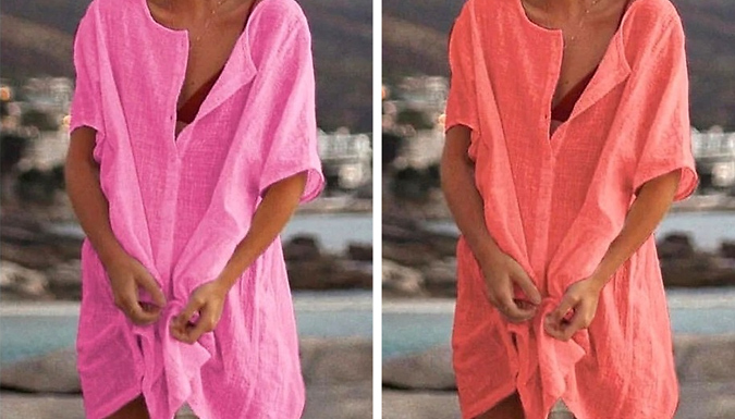 Beach Cover Cotton Button-Up Shirt Dress – 7 Colours & 5 Sizes Deal Price £9.99