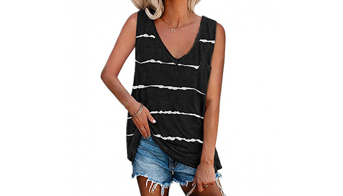 Striped V-Neck Pocket Detail Sleeveless Top - 5 Colours & 6 Sizes