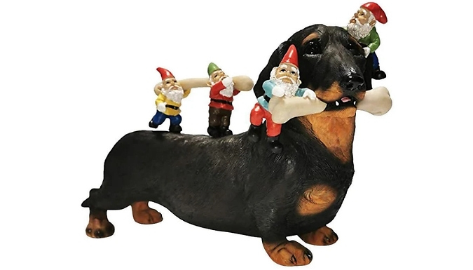 Dachshund with Bone & Gnomes Garden Ornament - 2 Colours. at Go Groopie IE