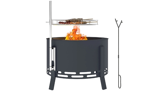 Outsunny 2-in-1 Round Firepit & BBQ - With Grill Grate, Ash Catcher & Poker