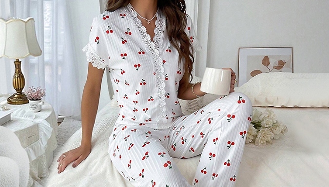Cute Lace Cherry Print Pyjama Set - 5 Sizes!