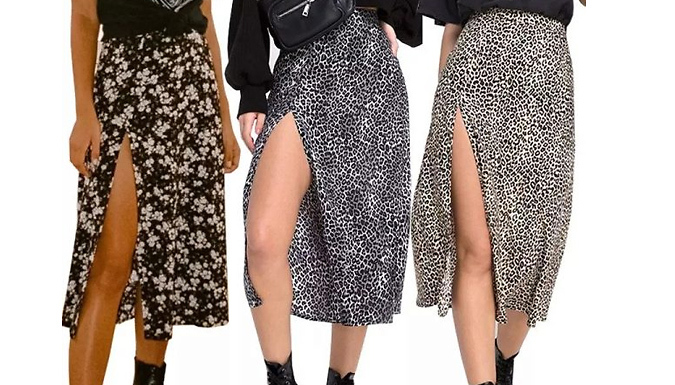 Floral or Leopard Print Thigh Slit Midi Skirt - 3 Designs & 3 Sizes