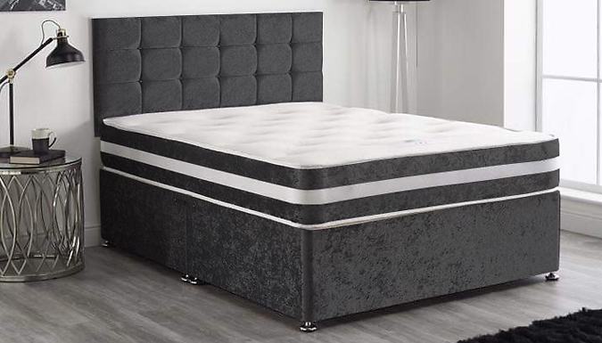 Black Crushed Velvet Divan Bed with Ortho Memory Foam Mattress – 6 Sizes Deal Price £129.99