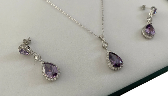 White Gold Finish Simulated Amethyst Drop Earrings and Necklace Set