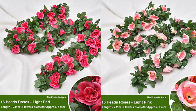1 or 3-Pack of Artificial Rose Flower Leaf Vines - 5 Colours