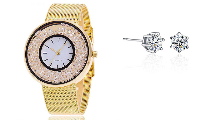 Rhinestone Watch & Earrings Set With Crystals Made From Swarovski - 3 Colours