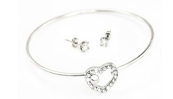 Eira Wen Swarovski Crystal Encrusted Heart Bangle & Earrings Set - 2 Colours