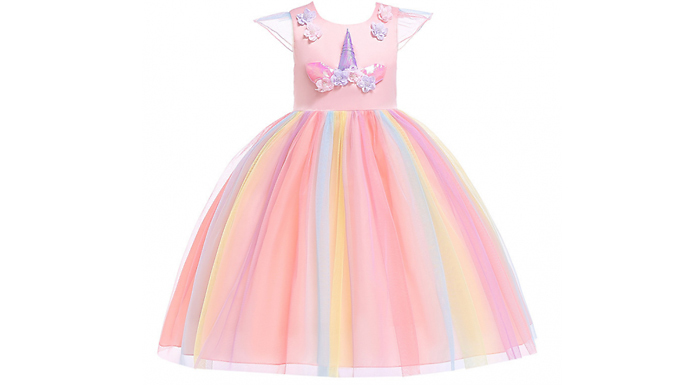 Girls Unicorn Rainbow Princess Dress - 5 Sizes & 3 Colours