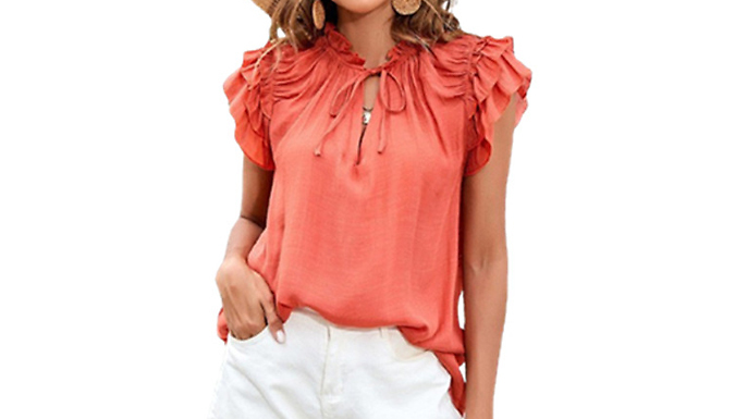 Women's Ruffled Short Sleeve V-Neck Top - 4 Colours & 5 Sizes