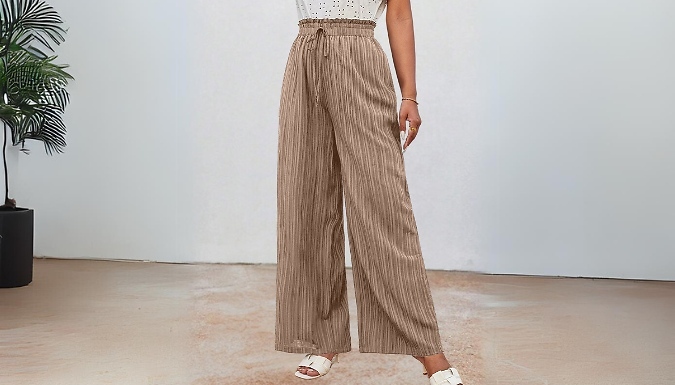 High Waisted Textured Wide Leg Trousers - 4 Colours & 5 Sizes