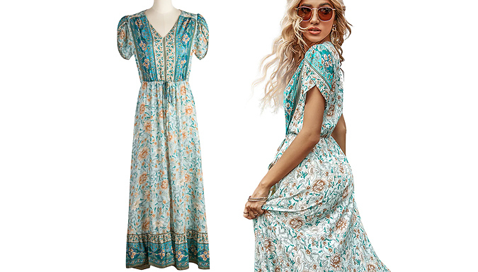 Bohemian Floral Short Sleeve Maxi Dress - 4 Sizes