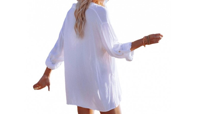 Linen Long-Sleeve Beach Shirt Dress - 2 Colours & 3 Sizes