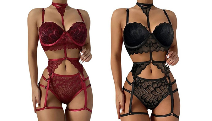 3 Piece Lace Harness Lingerie Set - 5 Colours & 6 Sizes