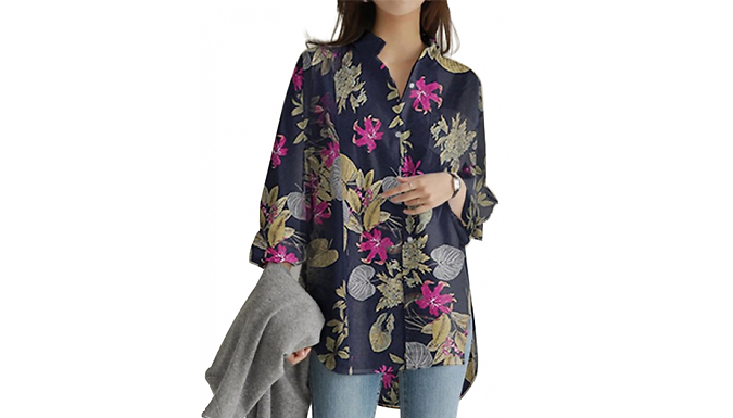 Floral Print V-Neck Long-Sleeved Tunic Blouse - 3 Colours & 6 Sizes