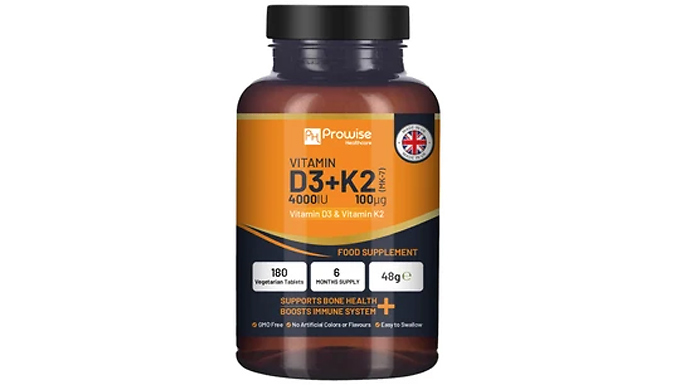 6-Month Supply of Vitamin D3 4000IU & K2 MK7 Tablets - 180 Capsules