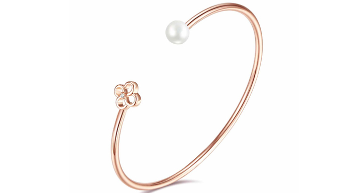 Natural Diamond and Freshwater Pearl Rose Gold Flower Bangle