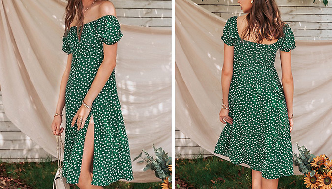 Ditsy Floral Print Green Midi Summer Dress - 4 Sizes