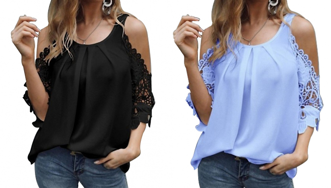 Cut-Out Shoulders Lace Sleeve Blouse - 5 Colours & 6 Sizes