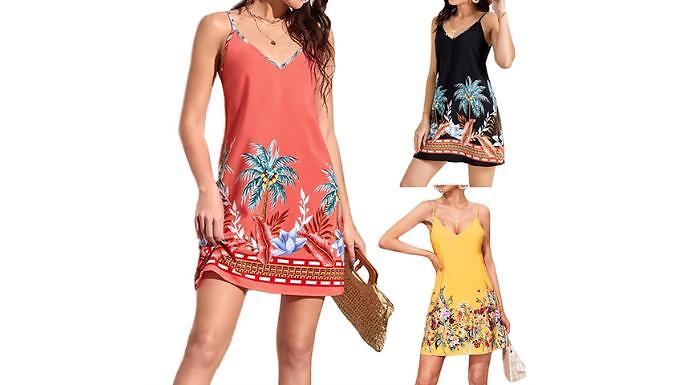 V-neck Print Sleeveless Dress - 3 Colours, 4 Sizes at Go Groopie IE