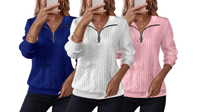 Women's 1/4 Zip Cable Style Sweatshirt - 5 Colours & Sizes