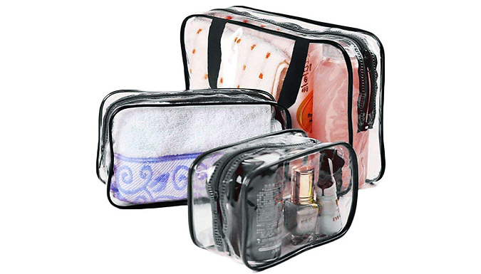 Glamza 3 Piece Clear Travel Bag Set - Pink or Black