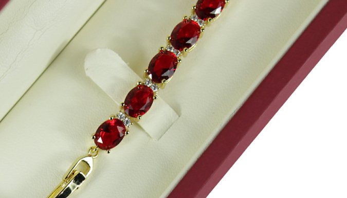 Red Gemstone Oval Cut Created Diamond Bracelet