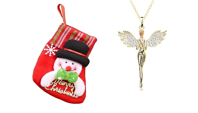 Guardian Angel Pendant Necklace in Snowman Stocking - Silver or Gold